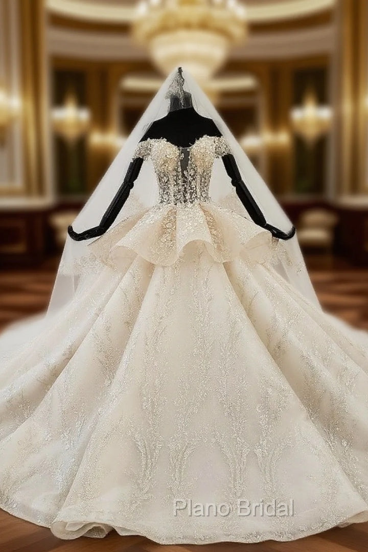 Champagne Ball Gown Tulle Sequins Off the Shoulder Appliques Beading Wedding Dresses