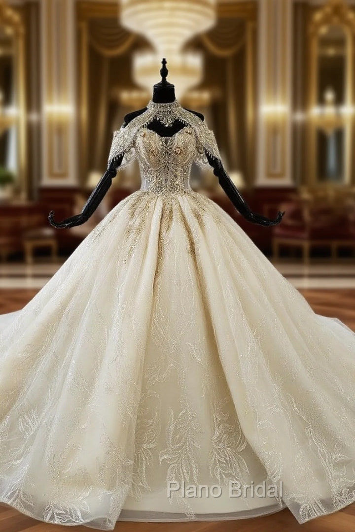 Champagne Ball Gown Tulle Sequins Off the Shoulder Beading Luxury Wedding Dresses Main image