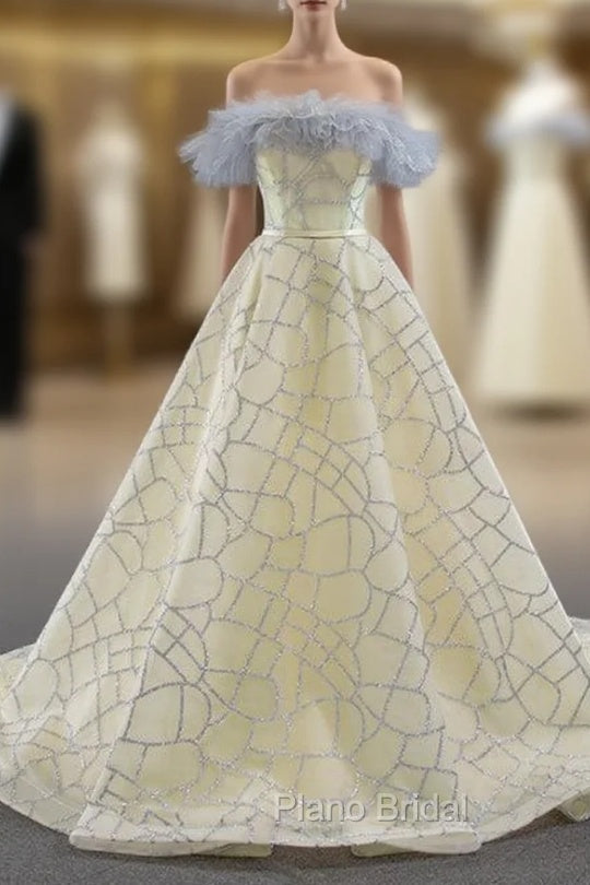 Champagne Ball Gown Tulle Sequins Off the Shoulder Formal Prom Dresses Main image