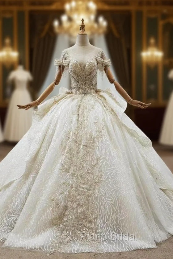 Champagne Ball Gown Tulle Sequins Short Sleeve Beading Bow Wedding Dresses Main image