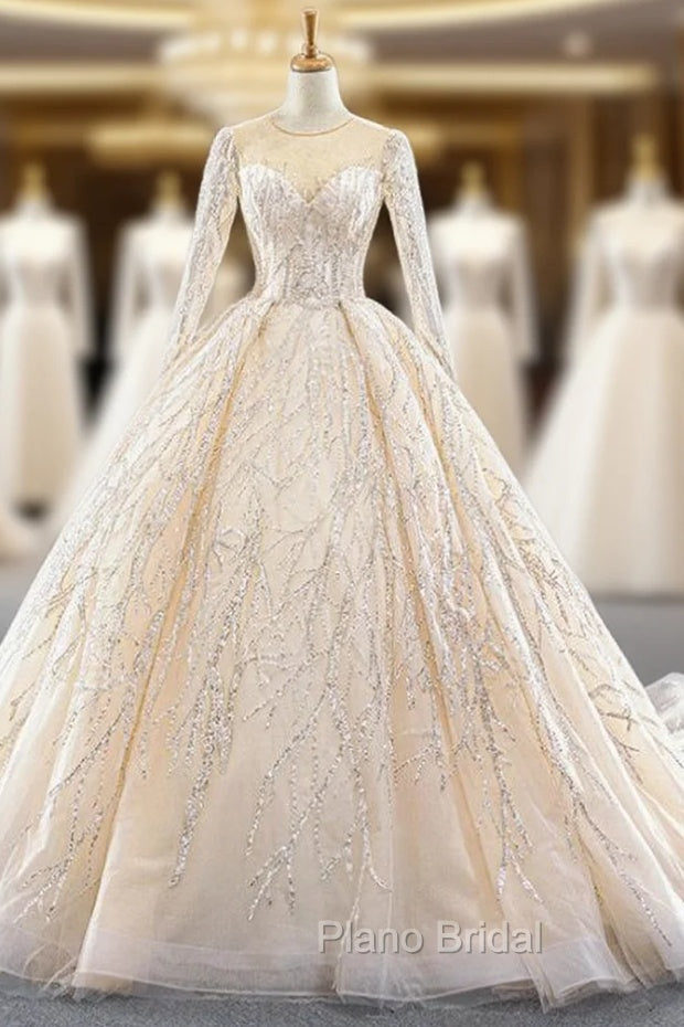 Champagne Ball Gown Tulle Seuqins Long Sleeve Formal Prom Dresses