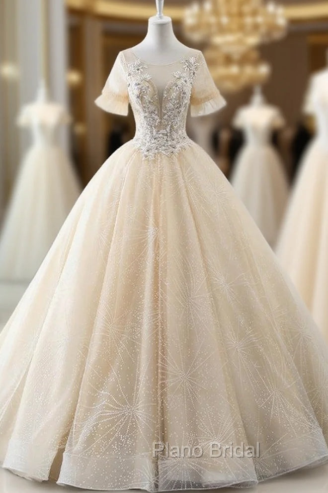 Champagne Ball Gown Tulle Short Sleeve Backless Wedding Dresses With Beading Main image