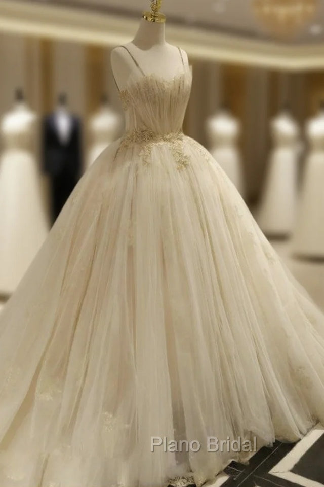 Champagne Ball Gown Tulle Spaghetti Straps Backless Wedding Dresses Main image