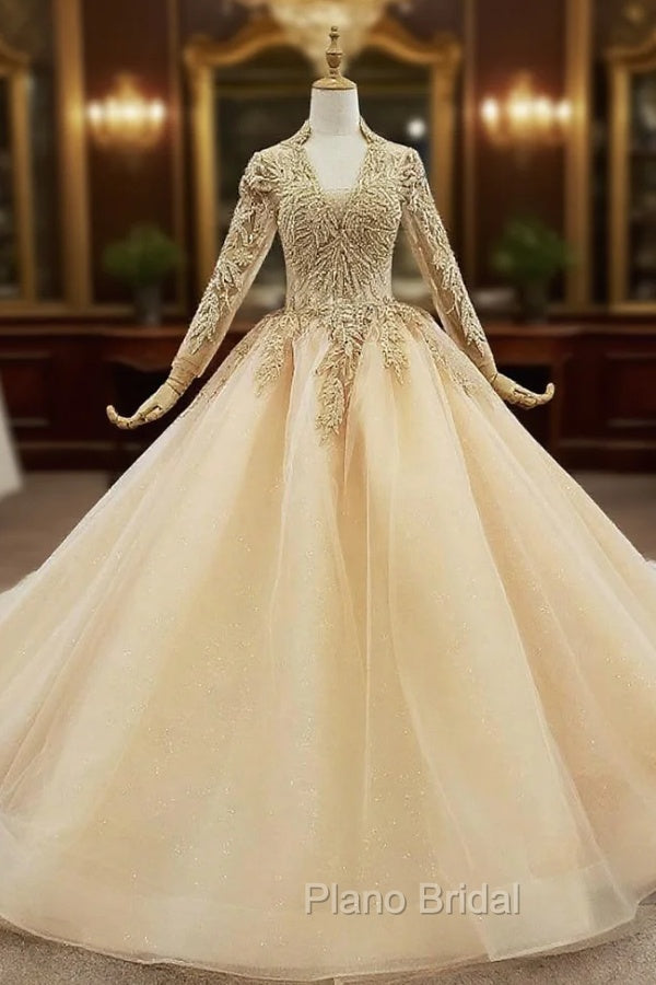Champagne Ball Gown Tulle V-neck Long Sleeve Wedding Dresses Wit Beading Main image