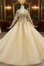 Champagne Ball Gown Tulle V-neck Long Sleeve Wedding Dresses Wit Beading