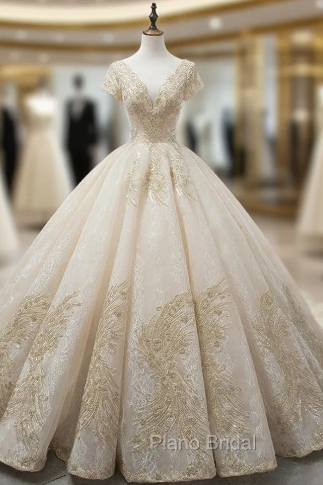 Champagne Ball Gown V-neck Backless Tulle Appliques With Beaded Wedding Dresses Main image