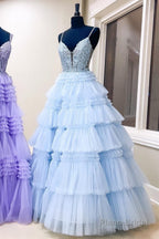 Champagne Beaded Spaghetti Strap Ruffle Tiered Ball Gown