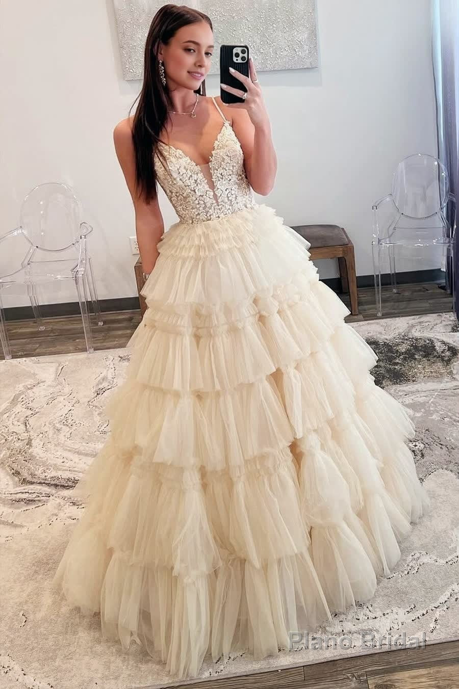 Champagne Beaded Spaghetti Strap Ruffle Tiered Ball Gown Main image