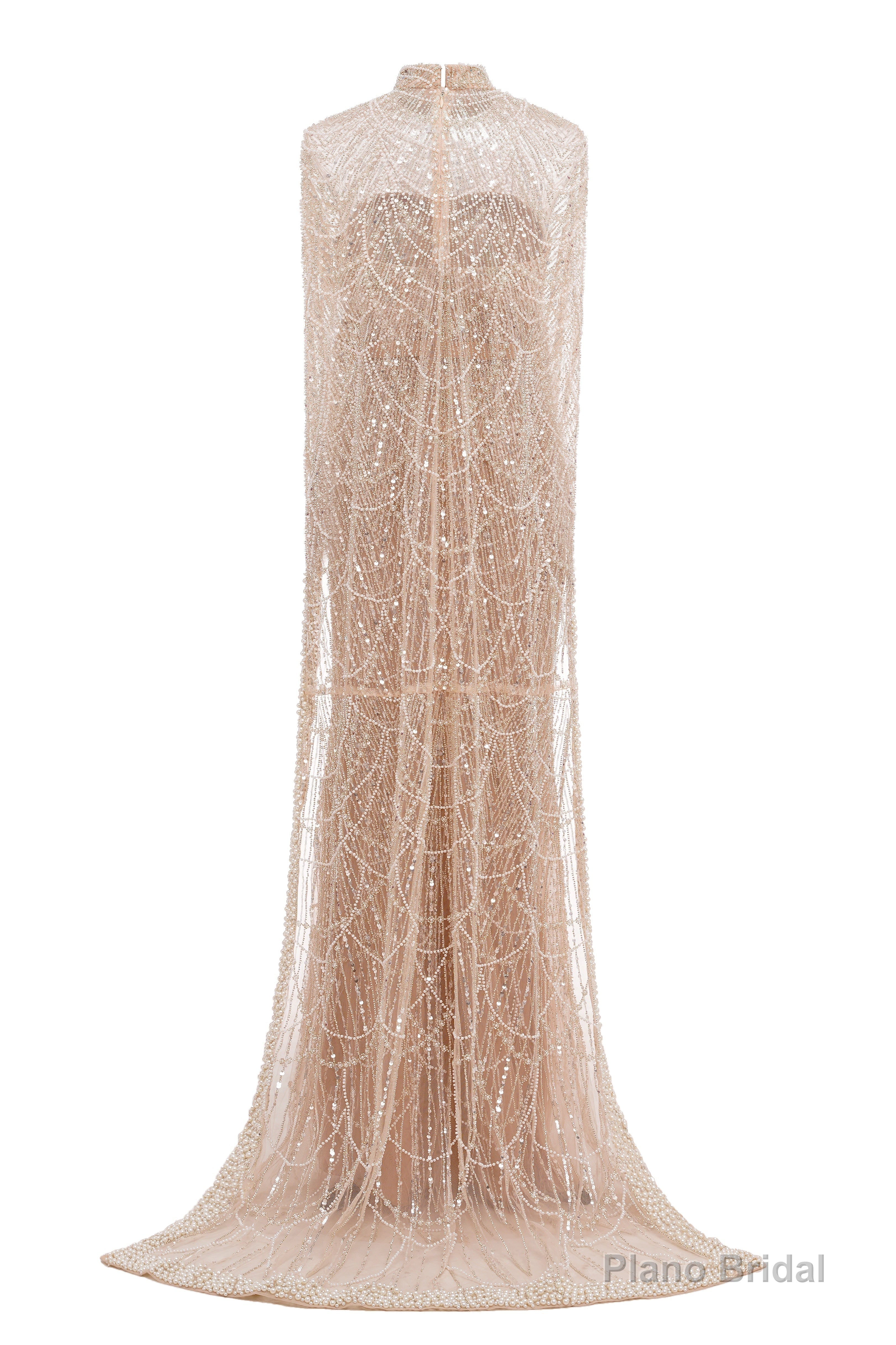 Champagne Beading Prom Dresses Sweep Train High Neck Zipper Sleeveless Evening Dresses