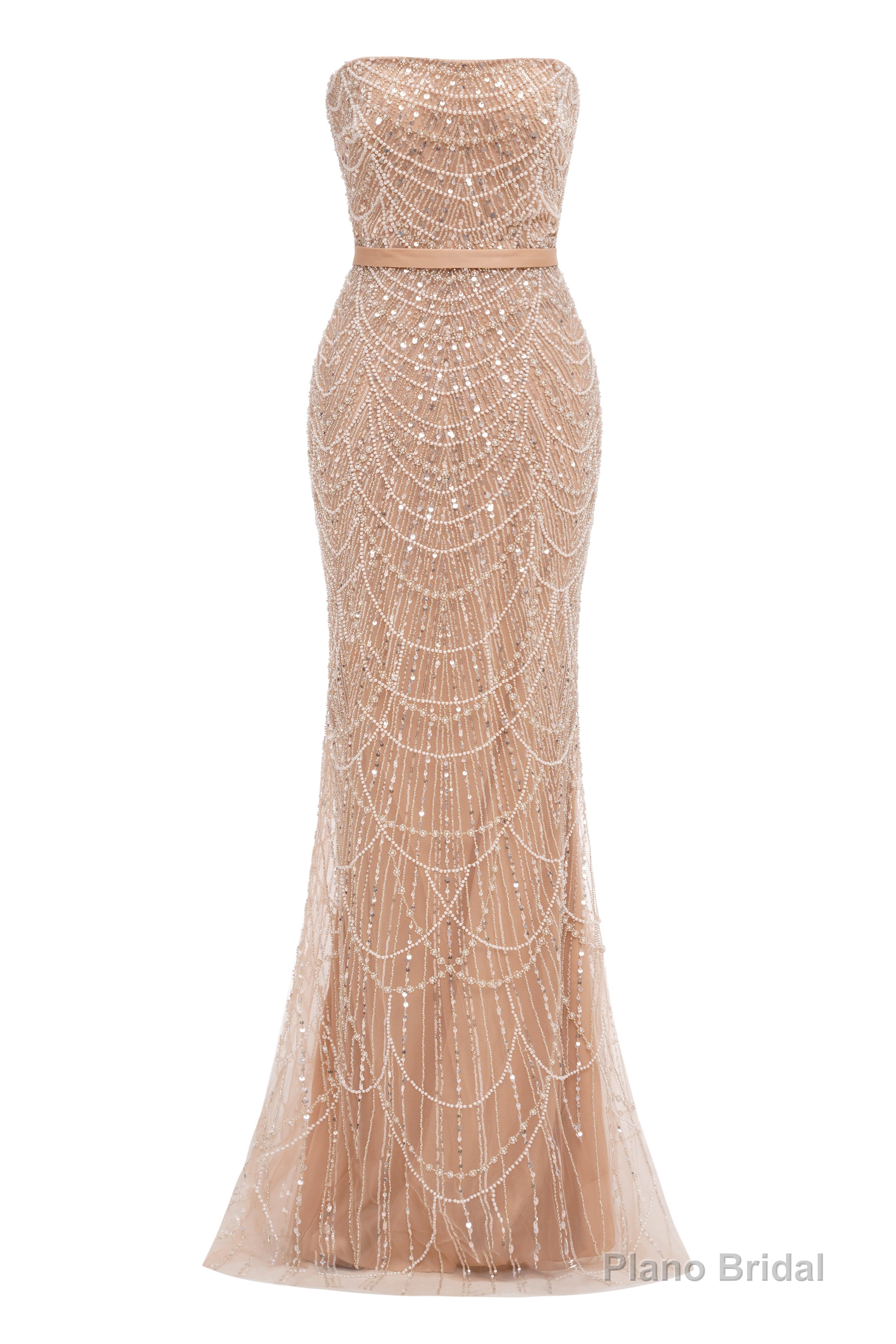 Pearl Pink Beading Prom Dresses Sweep Train High Neck Zipper Sleeveless Evening Dresses