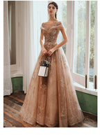 Champagne Cap Sleeves Tulle Long Party Dresses, New Style Long Formal Prom Dresses Party Dresses