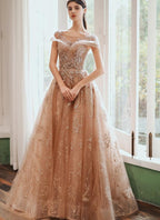 Champagne Cap Sleeves Tulle Long Party Dresses, New Style Long Formal Prom Dresses Party Dresses