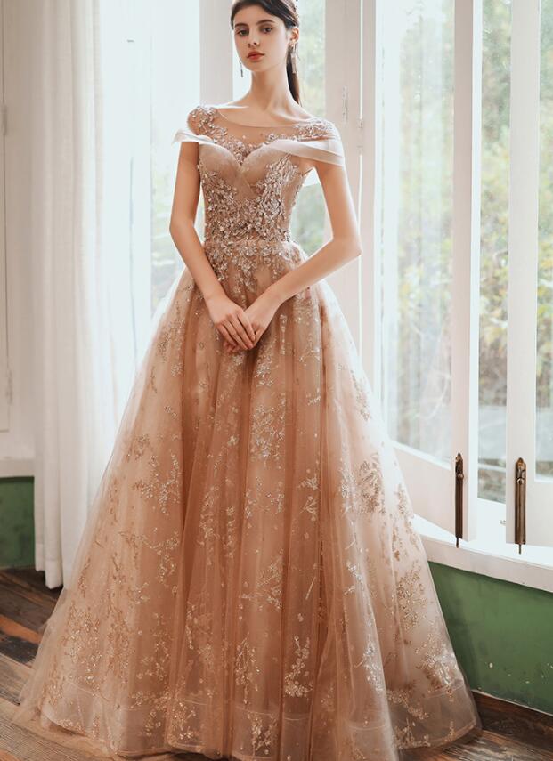 Champagne Cap Sleeves Tulle Long Party Dresses, New Style Long Formal Prom Dresses Party Dresses