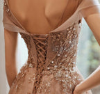 Champagne Cap Sleeves Tulle Long Party Dresses, New Style Long Formal Prom Dresses Party Dresses