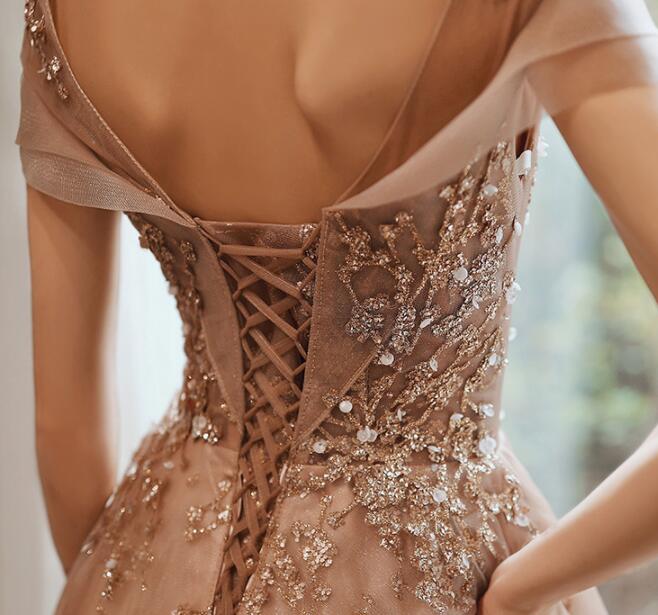 Champagne Cap Sleeves Tulle Long Party Dresses, New Style Long Formal Prom Dresses Party Dresses