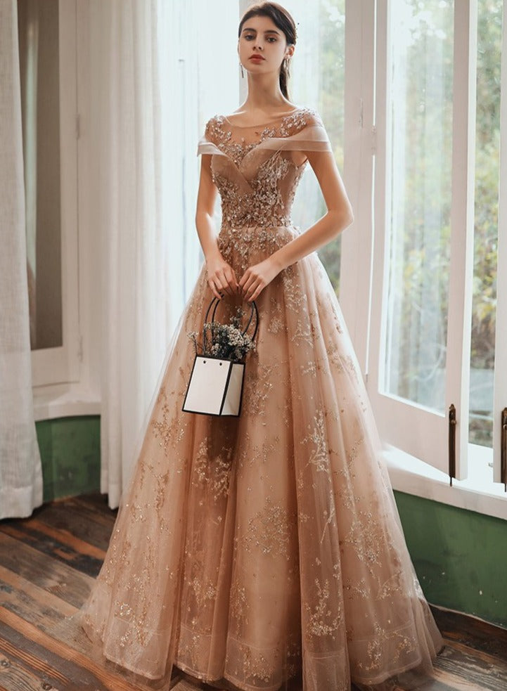 Champagne Cap Sleeves Tulle Long Party Dresses, New Style Long Formal Prom Dresses Party Dresses