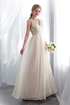 Champagne Chiffon Backless Long Prom Dresses with Sequins
