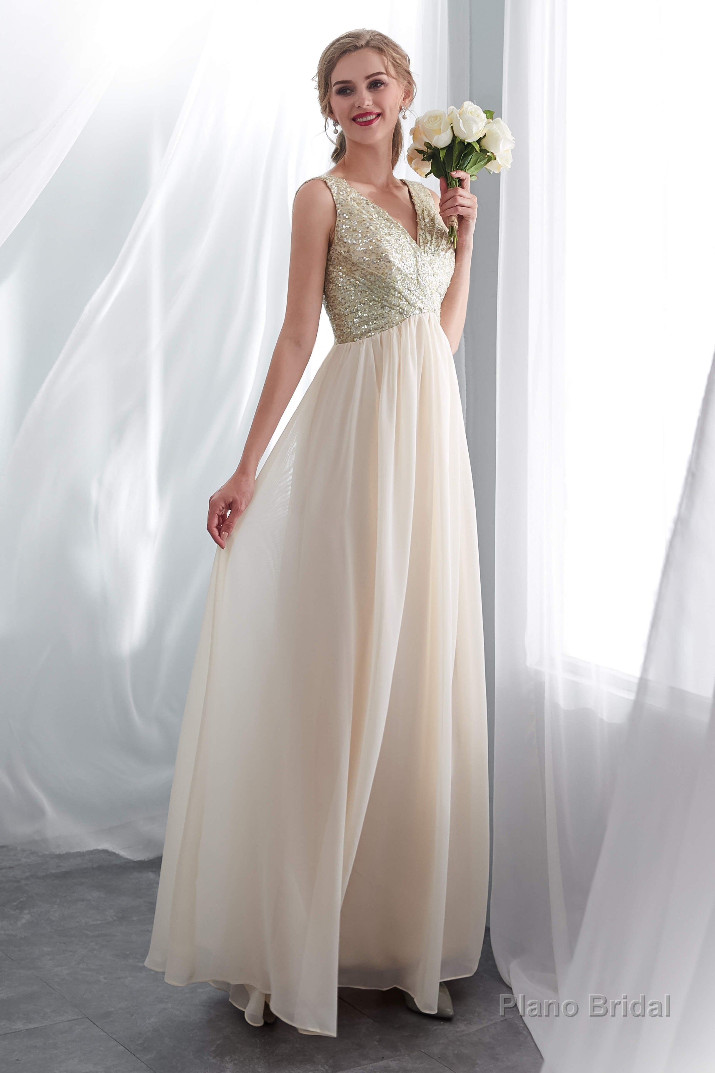Champagne Chiffon Backless Long Prom Dresses with Sequins