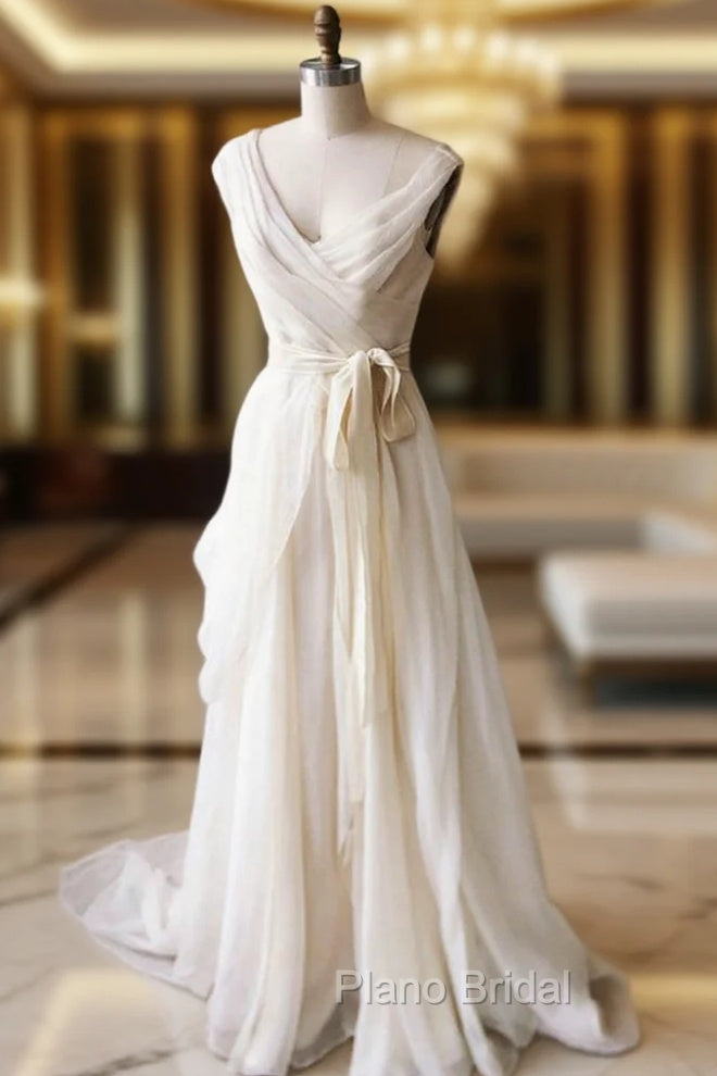 Champagne Chiffon Long A-Line Formal Prom Dresses, Simple V-Neck Evening Dresses Main image