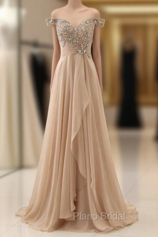 Champagne Chiffon Off The Shoulder Pleats Formal Prom Dresses With Crystal Main image