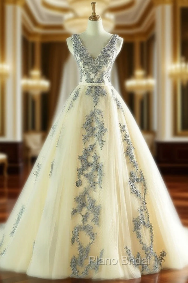 Champagne Deep V-neck Backless Appliques Wedding Dresses