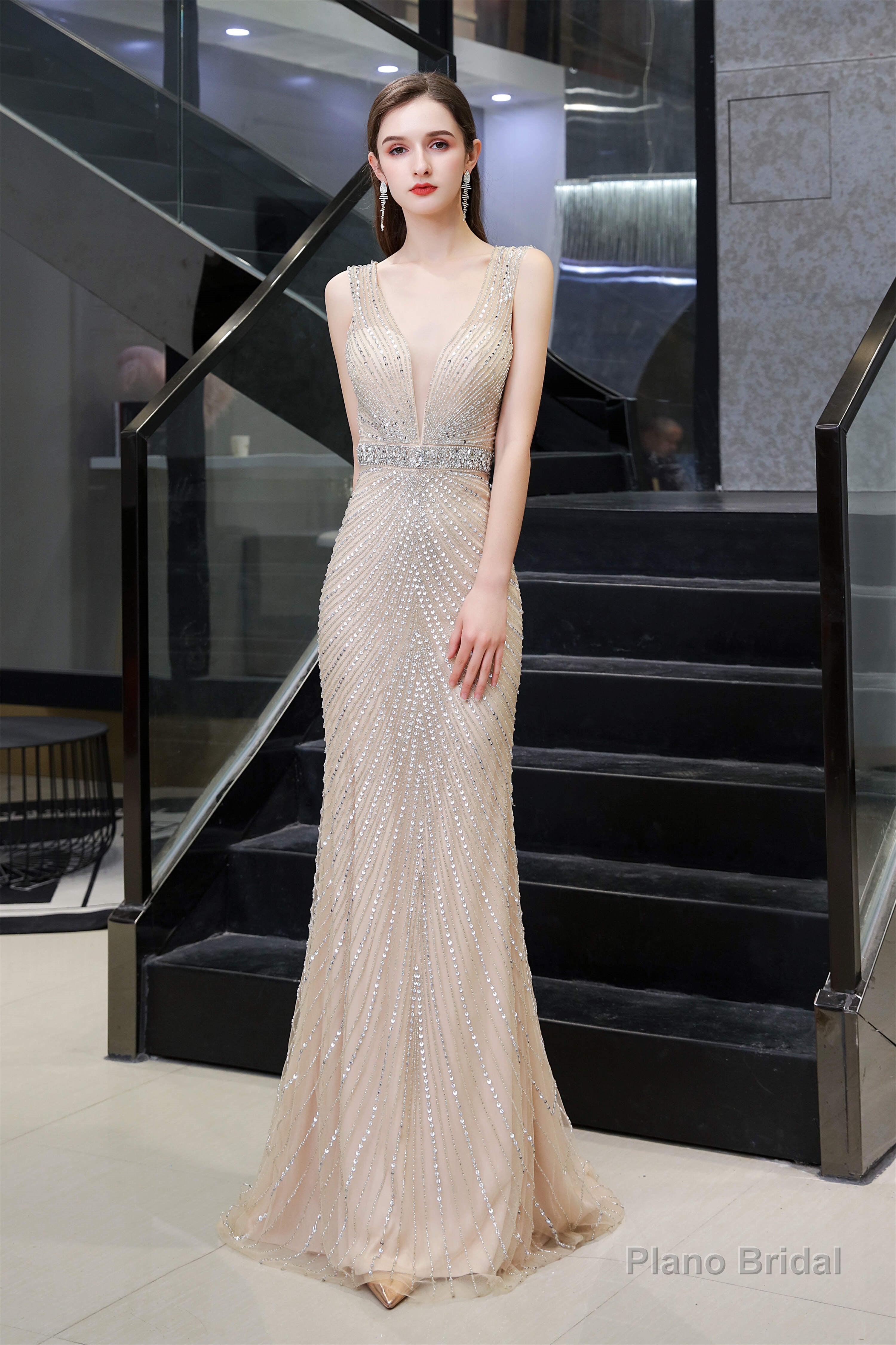 Deep V neck Backless Full of Bead Sequined Mermaid Long Prom Dresses Main image