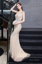 Deep V neck Backless Full of Bead Sequined Mermaid Long Prom Dresses