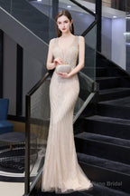 Deep V neck Backless Full of Bead Sequined Mermaid Long Prom Dresses