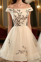 Champagne Embroidery Homecoming Dresses,Tulle Short Party Dresses