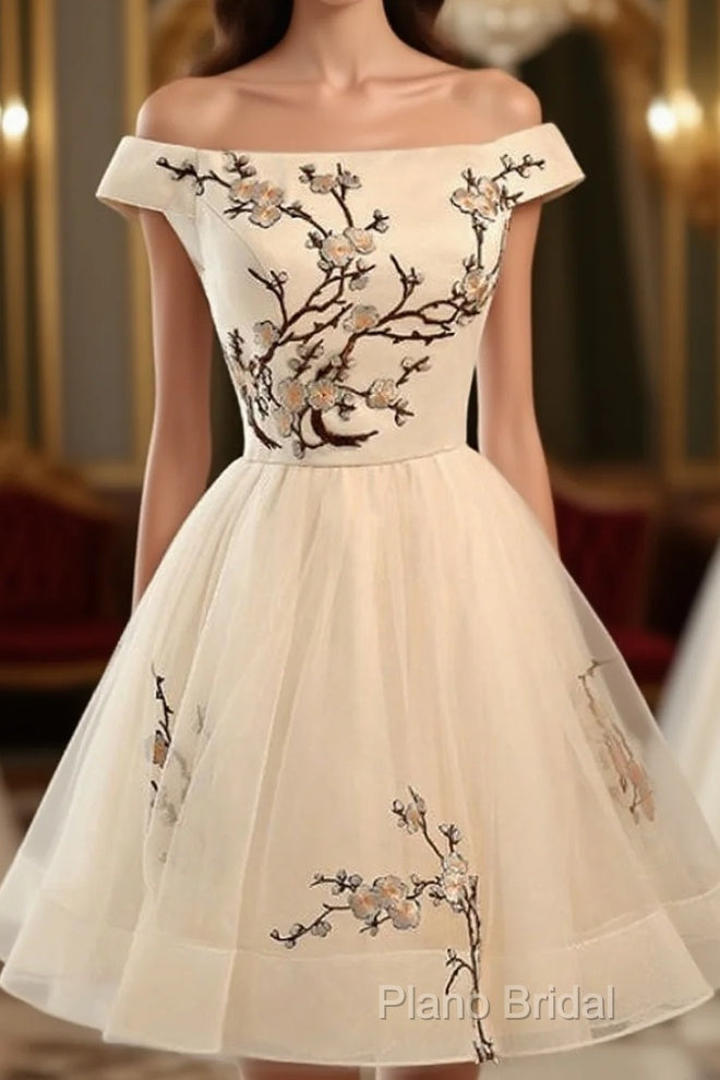 Champagne Embroidery Homecoming Dresses,Tulle Short Party Dresses