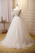 Champagne Floor Length Lace Long Formal Prom Dresses, Off the Shoulder Evening Dresses