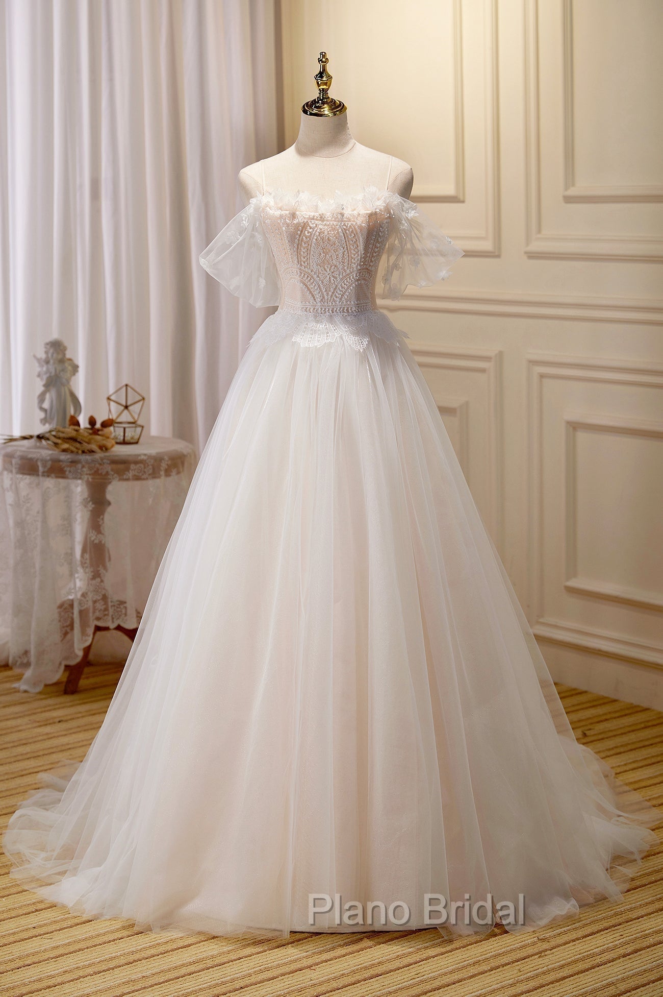 Champagne Floor Length Lace Long Formal Prom Dresses, Off the Shoulder Evening Dresses Main image