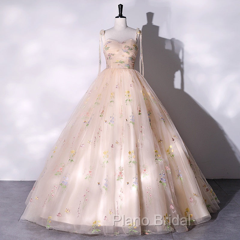 Champagne Floral Tulle Straps Sweetheart Long Party Dresses, Ball Gown Sweet 16 Dresses Secondary image