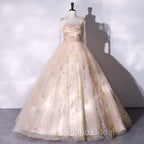 Champagne Floral Tulle Straps Sweetheart Long Party Dresses, Ball Gown Sweet 16 Dresses