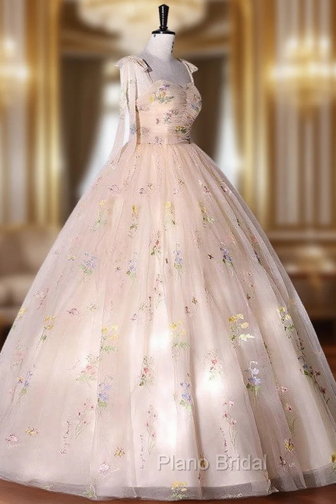 Champagne Floral Tulle Straps Sweetheart Long Party Dresses, Ball Gown Sweet 16 Dresses Main image