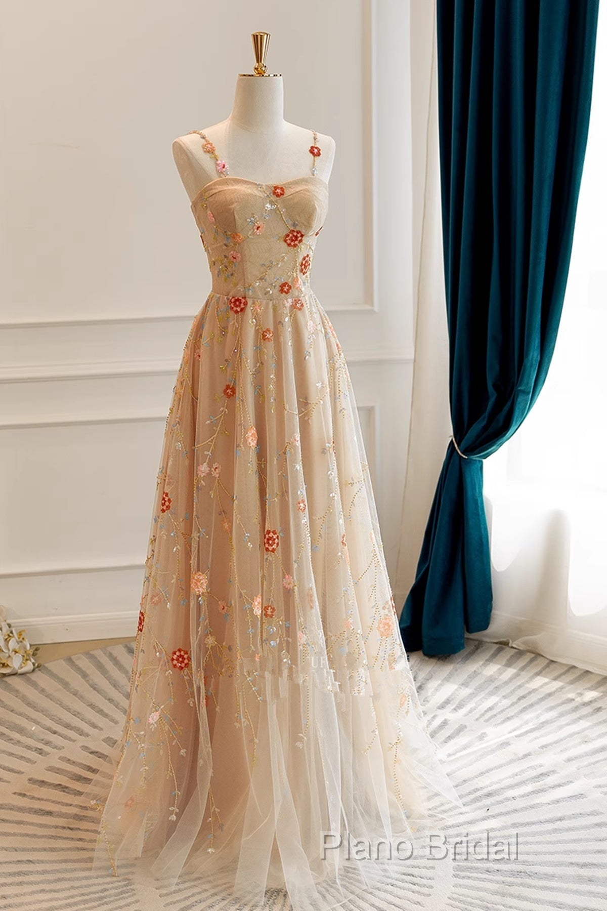 Champagne Floral Tulle Straps Sweetheart Wedding Party Dresses, A-Line Tulle Long Formal Prom Dresses Secondary image
