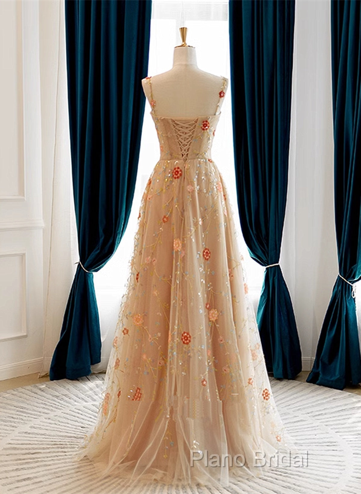 Champagne Floral Tulle Straps Sweetheart Wedding Party Dresses, A-Line Tulle Long Formal Prom Dresses