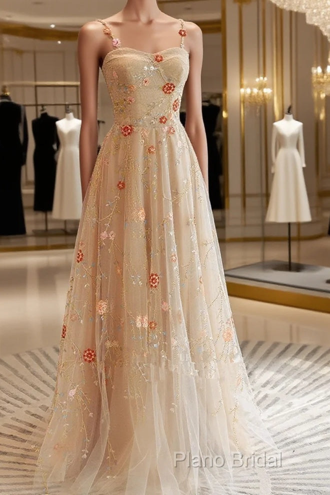 Champagne Floral Tulle Straps Sweetheart Wedding Party Dresses, A-Line Tulle Long Formal Prom Dresses