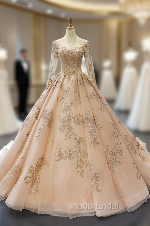 Champagne Gold Ball Gown Tulle Backless Long Sleeve Quinceanera Dresses Main image