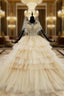 Champagne Gold Ball Gown Tulle Sequins Cap Sleeve Backless Wedding Dresses