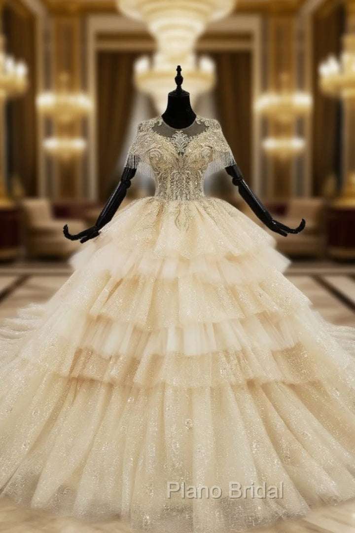 Champagne Gold Ball Gown Tulle Sequins Cap Sleeve Backless Wedding Dresses Main image