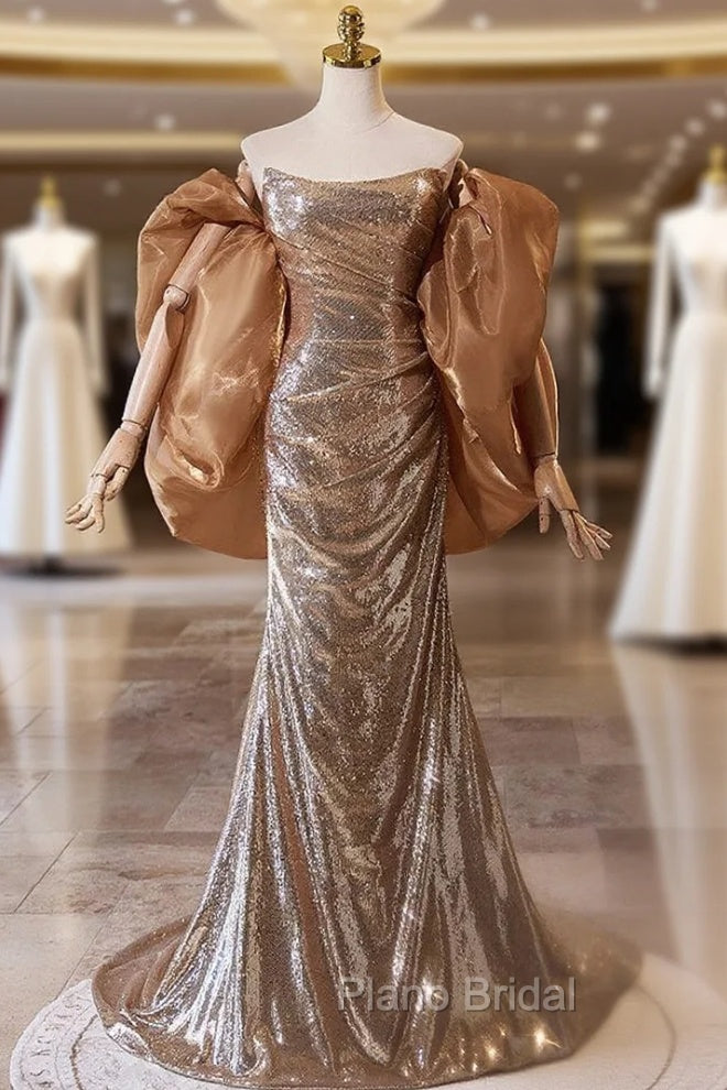 Champagne Gold Mermaid Sequins Strapless Pleats Formal Prom Dresses