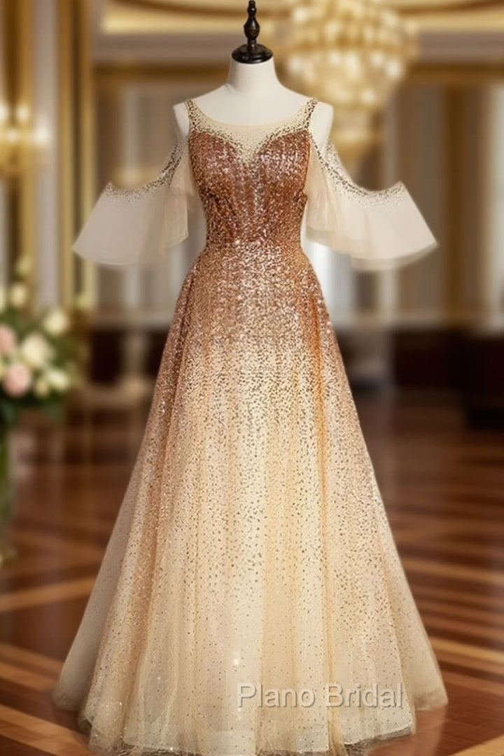 Champagne Gold Sequins Flying Sleeve Formal Prom Dresses Main image