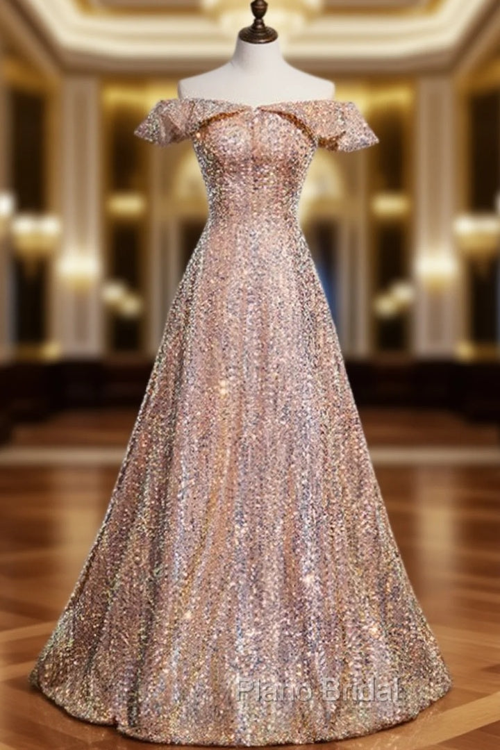 Champagne Gold Sequins Off the Shoulder Formal Prom Dresses Main image