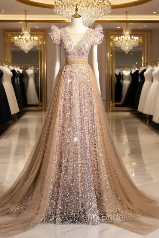 Champagne Gold Sequins Tulle Formal Prom Dresses
