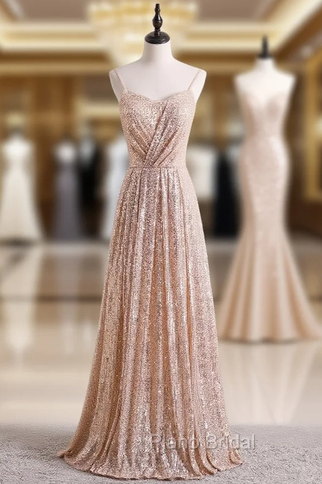 Champagne Gold Seuqins Spaghetti Straps Formal Prom Dresses