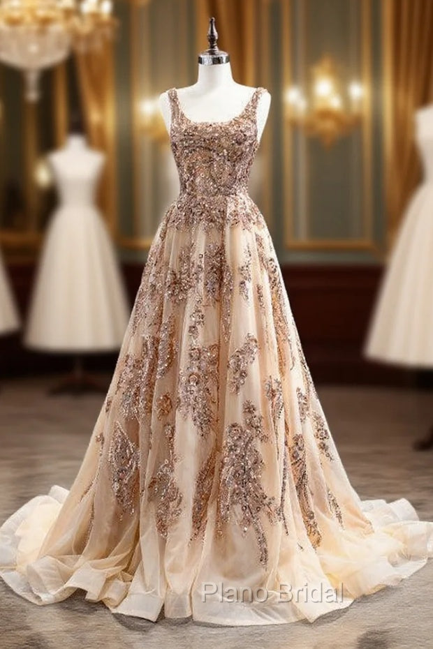 Champagne Gold Tulle Sequins Beading Formal Prom Dresses Main image