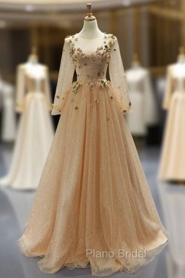 Champagne Gold Tulle Sequins Long Sleeve Appliques Formal Prom Dresses
