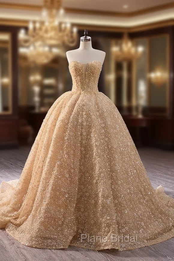 Champagne Gold Tulle Sequins Strapless Formal Prom Dresses Main image