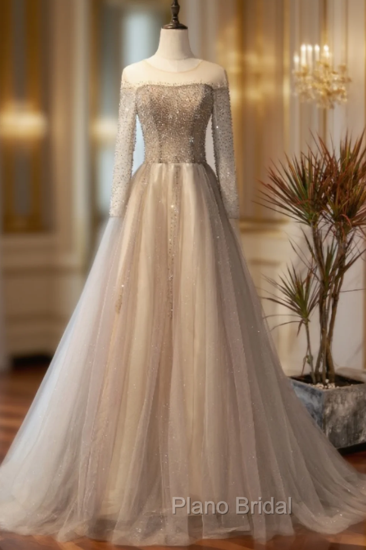 Champagne Gray Tulle Long Sleeve Beading Formal Prom Dresses Main image